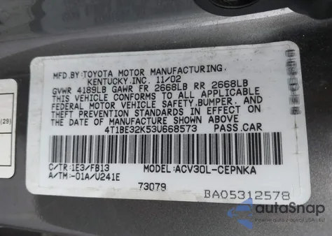 2003 Toyota Camry Le z USA, uszkodzony, nr VIN 4T1BE32K53U668573